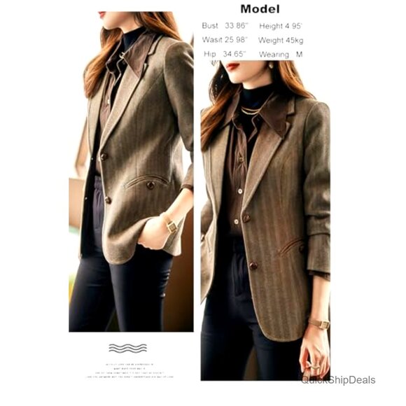 Wool Blend Blazer Notched Lapel Slim Fit Herringbone Pattern Single Breasted - Picture 6 of 6